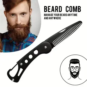 Portable Stainless Steel Beard Comb, Men's Dual-Sided Fine and Coarse Teeth, Pocket Size with Hook, Foldable Beard Styling Tool, Beard Grooming