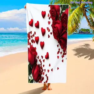 Rose Heart Print Beach Towel, Soft Absorbent Quick Dry Fabric, Unisex Large Size, Essential Poolside Accessory