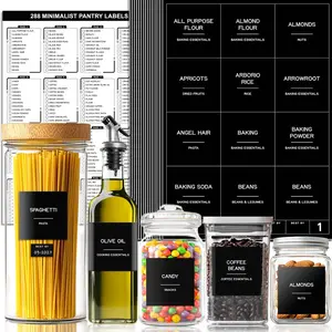288 Pantry Labels for Food Containers, Black Preprinted Minimalist Waterproof Stickers for Organizing Storage Bins, Jars and Kitchen