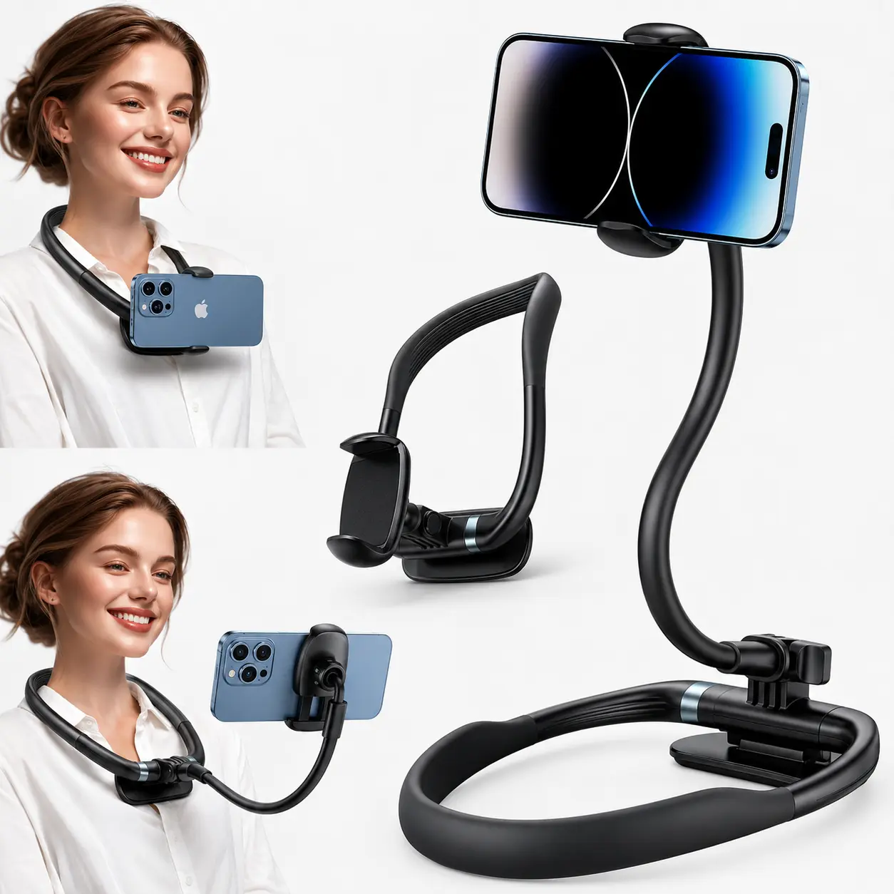 Wintory POV Neck Mobile Phone Mount, 16" Flexible Gooseneck Hands-Free Grip Stand with Magnetic Lock, Fits 4–7" Phones for Vlogging Equipment, Streaming Equipment, POV Recording