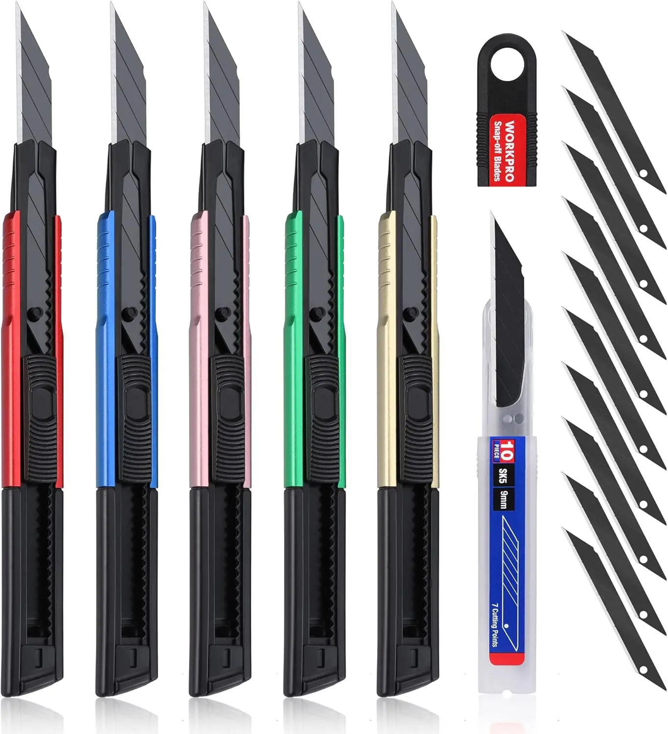 #summersale WORKPRO Premium Utility Knife Retractable Snap-off Blade, Heavy Duty Aluminum Box Cutter Set, Razor Knife Exacto Craft Knives, with 10 Extra 9mm Blades, Pack of 5