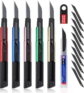 WORKPRO Premium Utility Knife Retractable Snap-off Blade, Heavy Duty Aluminum Box Cutter Set, Razor Knife Exacto Craft Knives, with 10 Extra 9mm Blades, Pack of 5