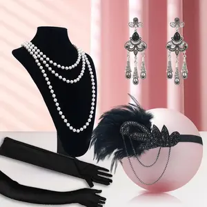 4 Pack Flapper Costume Accessories Ball Pearl Earrings Pearl Necklace Feather Headband Black Glove Fashion Accessories