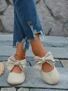 Women's Bow Flat Slip-On Shoes, Fashionable Casual Low-Top All-Season Footwear, Outdoor Work Shoe for Spring & Summer