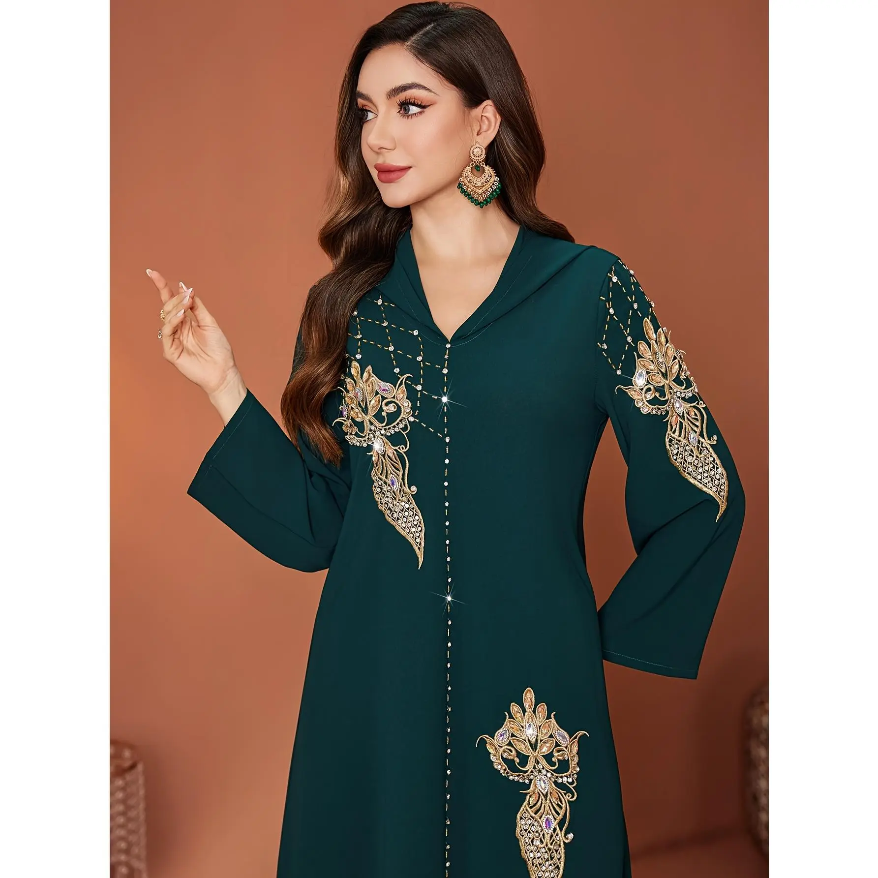 [Floral Embroidered Abaya] Elegant Dark Green Floral Embroidered Abaya for Women - Long Sleeve, Loose Fit, Beltless, Perfect for Spring/Summer, Traditional Islamic Dress, Cultural Attire |   Intricate Embroidery |   Intricate Craftsmanship