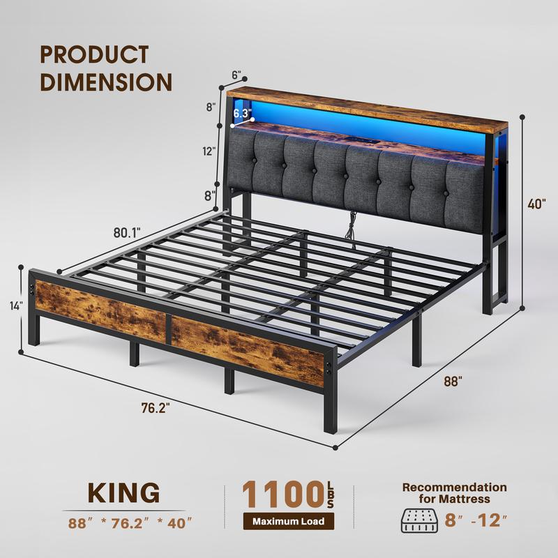 Raybee LED Bed Frame with Charge Station for Queen, Full, King, Platform Bed Frame with Upholstered Ergonomic Heardboard , 2 Tiers of Shelves & 12" Underbed Storage, Industrial Modern Bedroom Furniture, 1000lbs Capacity with Metal Slats & Frame, Black