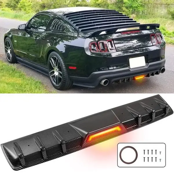 For Ford Mustang GT Rear Bumper Diffuser Spoiler w/LED Tail Brake Light Carbon Fiber