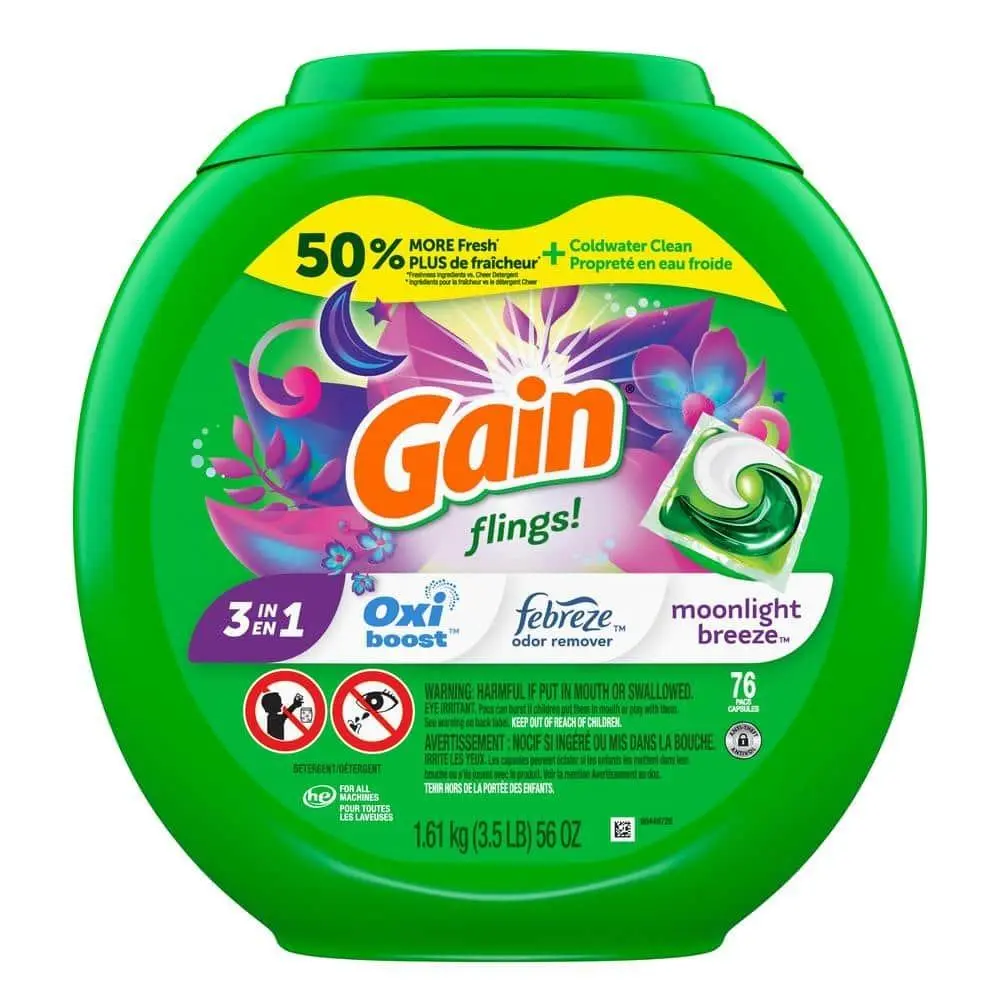 Flings 3-in-1 Moonlight Breeze Scent Laundry Detergent Capsules - Baking Soda Enhanced, Odor Eliminator, Softening Additive, All Machine Fit, Dissolves in Hot & Cold Water, 56 oz, 76-Count, Water-Soluble Home Care Cleaners