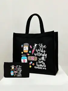 Teacher Theme Handbag and Makeup Bag Set, Includes Tote Bag and Coin Purse, Large Capacity Shopping Bag, Portable Cosmetic Bag