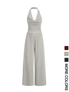 Women's Solid Color Halter Neck Wide Leg Jumpsuit, Casual Comfy Jumpsuit for Summer, Fashion Women's Clothing for Daily Wear, Womenswear