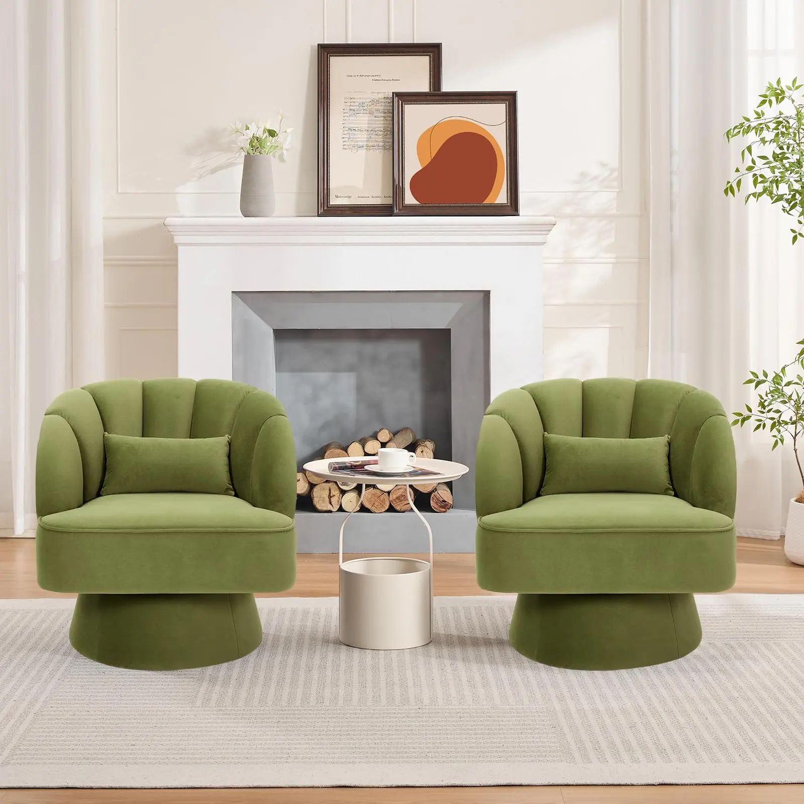 2‑Pack 360° Swivel Accent Chair with Armrests Mid‑Century Modern Barrel Chair, Cozy Teddy Bear Armchair for Living Room, Bedroom, Small Space