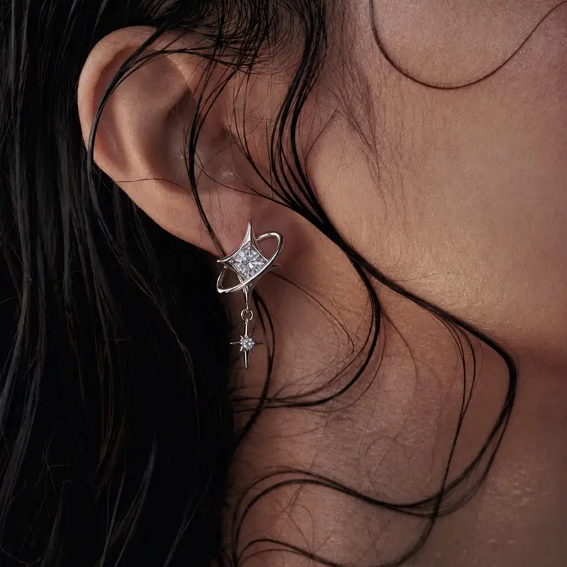 Women's Silver Celestial Pendant Drop Hoops Earrings - Sparkling 4-Pointed Crystal, Celestial Aesthetic, Bling Effect, Space-Inspired, Casual Y2K Kpop Goth Wedding Party Jewelry, Trendy Gift Fashion Accessory