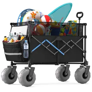 Beach Wagon for Sand, 380L Heavy Duty Collapsible Wagon Cart with 9” Balloon Wheels, Cooler Bag, Adjustable Handle, 450LBS Load Capacity, Foldable Outdoor Utility Wagon for Beach, Camping, Sports & Garden
