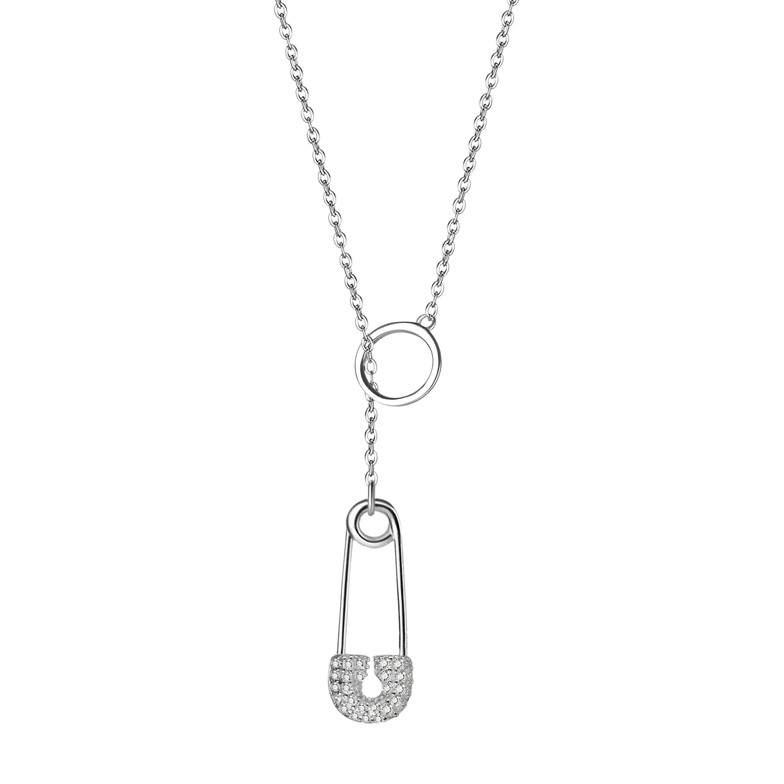 OIDEA Women's Sterling Silver-Tone Safety Pin Necklace, Modern Paperclip Chain with Sparkling Rhinestone Pendant, Adjustable & Stackable for Elegant Daily Wear, Sparkle, Graduation Gift, Paper Clip Necklace, Ultralight, Casual
