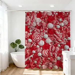 1pc Vibrant Candyland Pattern Red White Shower Curtain for Chic Holiday Bathroom Decoration and Home Décor and Stylish Bathing Experience Enhancer for a Lively and Festive Look
