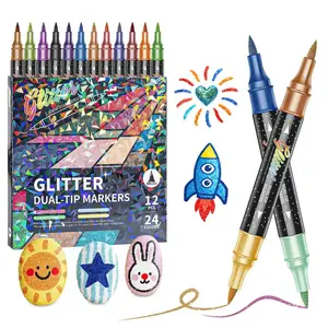 12/24 Pcs Dual-Tip Glitter Brush Markers Set - Art Markers, Fine Point, Metallic Gel Ink, Multiple Tips, Non-Smudging Quick-Drying Pens for Coloring, Journaling, DIY Crafts (Office Stationery Writing Tools), Art Markers Markers & Highlighters, Fine Point
