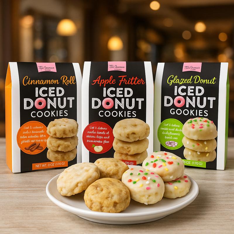 Too Good Gourmet Donut Shoppe Cookies 4-Pack Variety Glazed Donut Cinnamon Roll Apple Fritter Soft Chewy Sweet Assortment Perfect for Morning Coffee or Anytime Treat