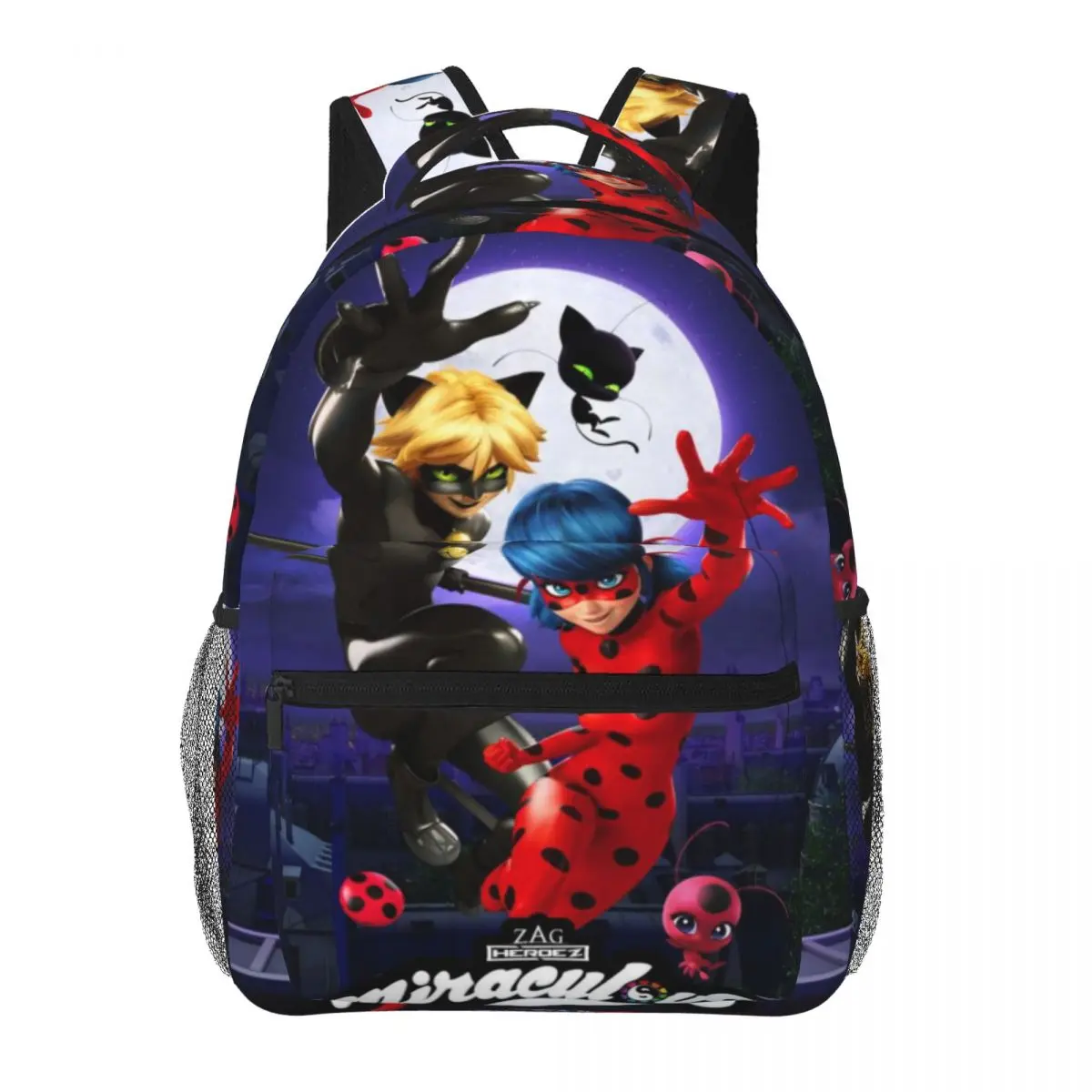 Moon Background Ladybug & Cat Noir Miraculous Backpacks for School Large Capacity Full Print Miraculous Laptop Daypack for Campus Daily Commute Durable Lightweight Miraculous School Bag for Teens Students