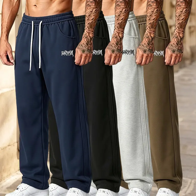 Letter print straight-leg sweatpants with side stripes, American street style with a clean cut, men’s casual drawstring long pants featuring a relaxed fit and fluid drape—versatile for everyday outings and sports.