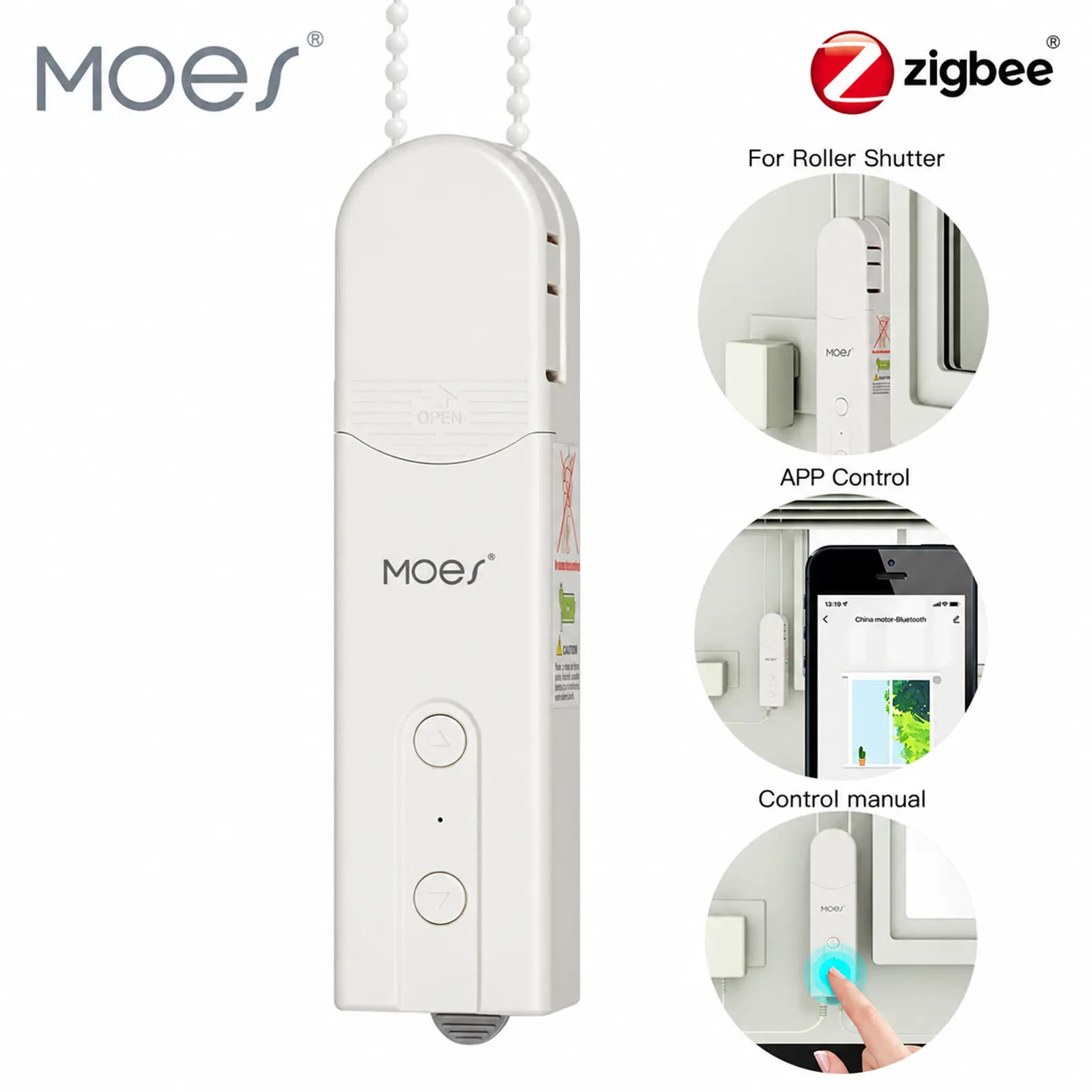 MOES ZigBee Wireless Metal Smart DIY Beaded Chain Curtain Motor - Solar Powered Auto Position Device with 2.4G Wi-Fi, Max 7.7 lbs Load, Timer, Charger, Batteries, Tuya/Smart Life App, Alexa/Google Home Voice Control, Remote (Hub Required)