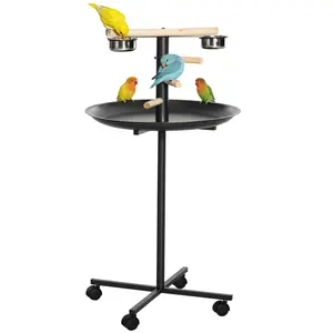 Rolling Bird Play Stand – Parrot Perch with 4 Casters, 4 Natural Wood Perches, 2 Stainless Steel Feeding Bowls, High-Edge Mess Tray, Gray Metal Frame