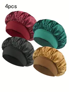 4PC Gentle Silk Sleep Cap, Comfortable Sleep Cap, Soft Satin Lined Silk Sleep Cap, Smooth Satin Daily Cap, Suitable For Hair Care, Anti-Frizz And Curly Hair Braid Styles, Haircare, Set