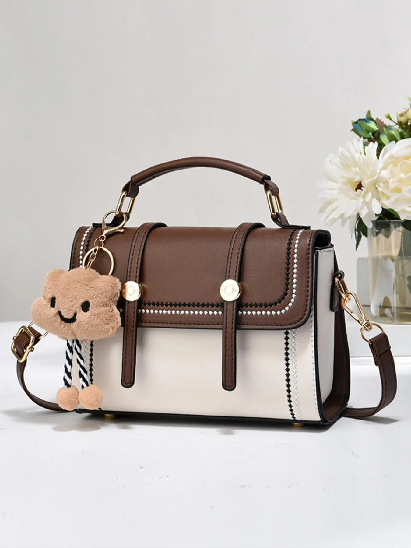 Fashionable Colorblock Handbag with Cute Bear Charm Decor, Luxury Handbags for Women, Trendy Versatile Pu Leather Zipper Crossbody Bag, Casual Matchin