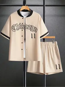 [Men's Summer Set] Summer Hawaiian Shirt Set, Men's Casual Chicago Letter Baseball Sweatshirt And Drawstring Shorts Set For Vacation Fitness