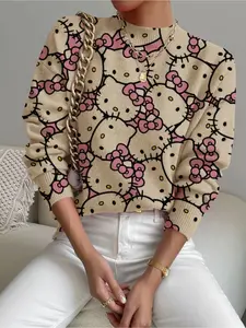 Women's Cartoon Cat Animal Print Stand Collar Fitted Sweater, Fall Winter Casual Long Sleeve Knitwear, Comfortable Warm Daily Wear