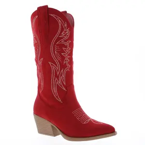 Josie Women's Cowgirl Western Boots Classic Red Suede Leather Look Chunky Heel for Casual Wear