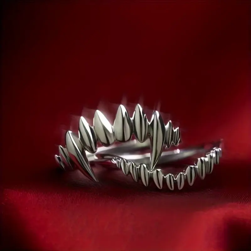 2pcs Stainless Steel Vampire Ring Set, Halloween Costume Gift Ring, Suitable for Personalized Men And Women Opening Adjustable Ring