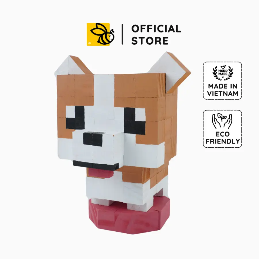 Light Brown Corgi Wood Model - Handmade Pixel Art Dog, DIY Wooden Toy, Unique Gift for Him & Her
