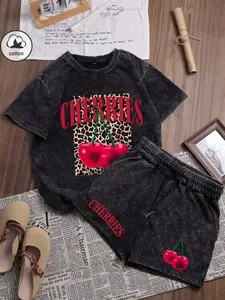 Women's Summer Cotton Hip-Hop Streetwear Cherry Leopard Print Tee-Shirt, Casual Round Neck Short Sleeve Top, Regular Fit Letter Pattern Design