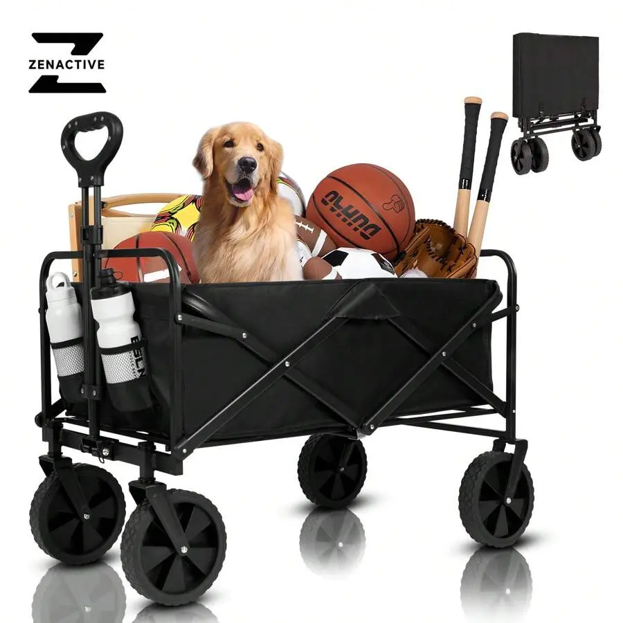 ZenActive Heavy Duty Collapsible Wagon Cart - Large Capacity Foldable Beach Cart For Camping, Sports,Shopping & More , Portable & Easy To Store