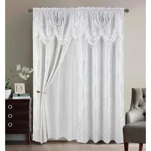 Jacquard Luxury Window 2 Panel Set White Curtain with Attached Valance and Backing Bedroom Living Room Dining 2 Curtains 55x84 inches Each Jana
