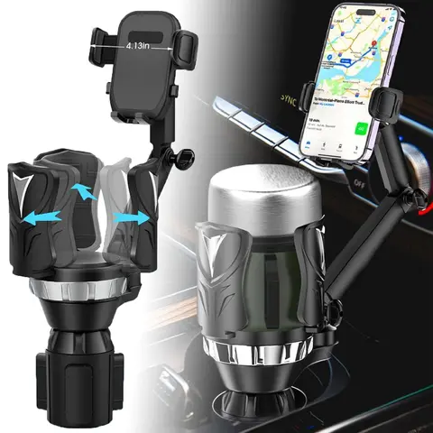 2 in 1 Phone Mount For Car Cup Holder With Adjustable Base, Phone Holders For Car Cupholder, No Shaking 360° Flexible Neck Phone Mount For All 4-7” Smartphones, Cup Holder For Most Bottles