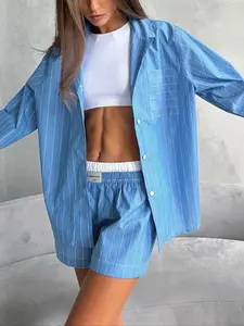 Striped Two-Piece Set for Women, Loose Fitting Casual Summer, Relaxed Fit Short Sleeve Shirt and Shorts, Fashionable All-Season Wear