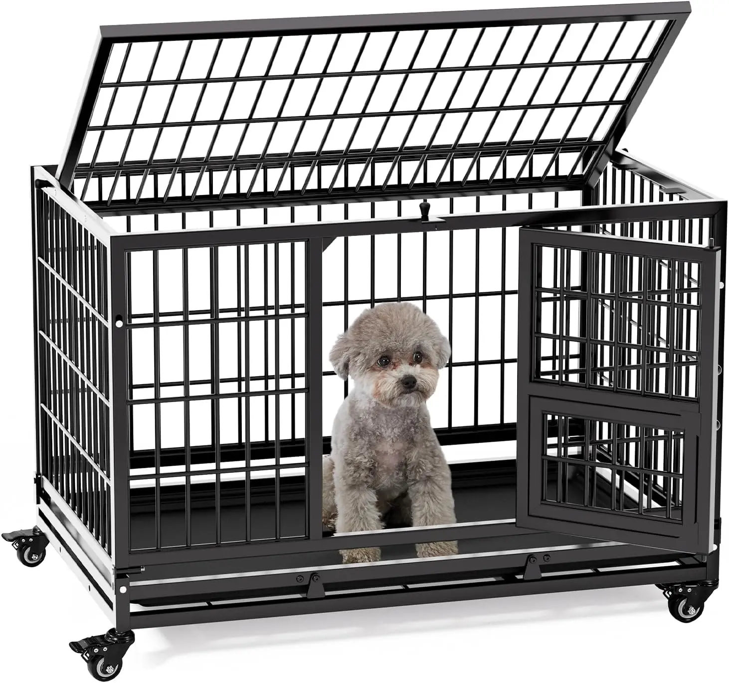 Gardner Pet 32/42 Inch Heavy Duty Dog Crate with Wheels, Folding Metal Dog Cage for Puppy/Small and Medium Dogs, Indestructible Dog Crate with Removable Tray