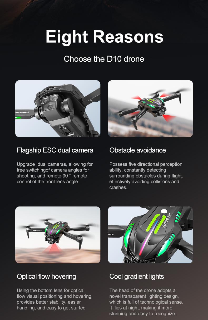D10 Drone | Brushless Motor 4-Way Obstacle Avoidance Drone with Gradient Flowing Lights, Optical Flow & Servo Gimbal EIS Stabilization, Dual WIFI Camera, Sports Car Shape, Foldable, Gesture Control & One Key Return D10 Drone | Brushless Motor 4-Way Obstacle Avoidance Drone with Gradient Flowing Lights, Optical Flow & Servo Gimbal EIS Stabilization, Dual WIFI Camera, Sports Car Shape, Foldable, Gesture Control & One Key Return