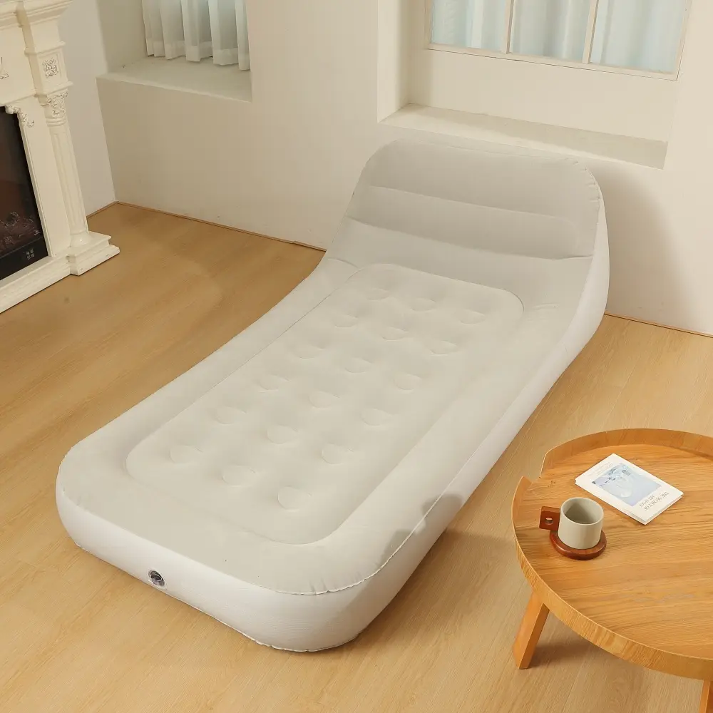 Ergonomic Inflatable Airbed with Slant Backrest, Thick Flocked PVC Travel Mattress for Camping, Portable and Foldable with Free Air Pump Included, Campbed, Folding Camping Bed, Portable Setup, Outdoor Sleep