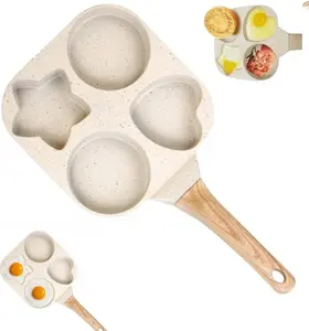 Non-stick MultifunctionalEgg Frying Pan – 4 Holes Skillet with Wooden Handle, Medical Stone Omelet Maker for Pancakes, Burgers, Breakfast & Quick Cooking at Home.Non-stick Beige Cookware frying pan.Nonstick Woks