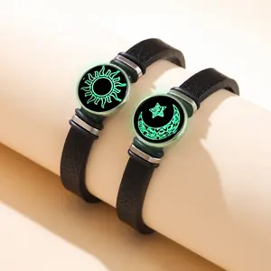 Glow in the Dark Moon Sun Couple Bracelet | 72H Flash Sale | Waxed Leather Matching Jewelry Gift for Him & Her