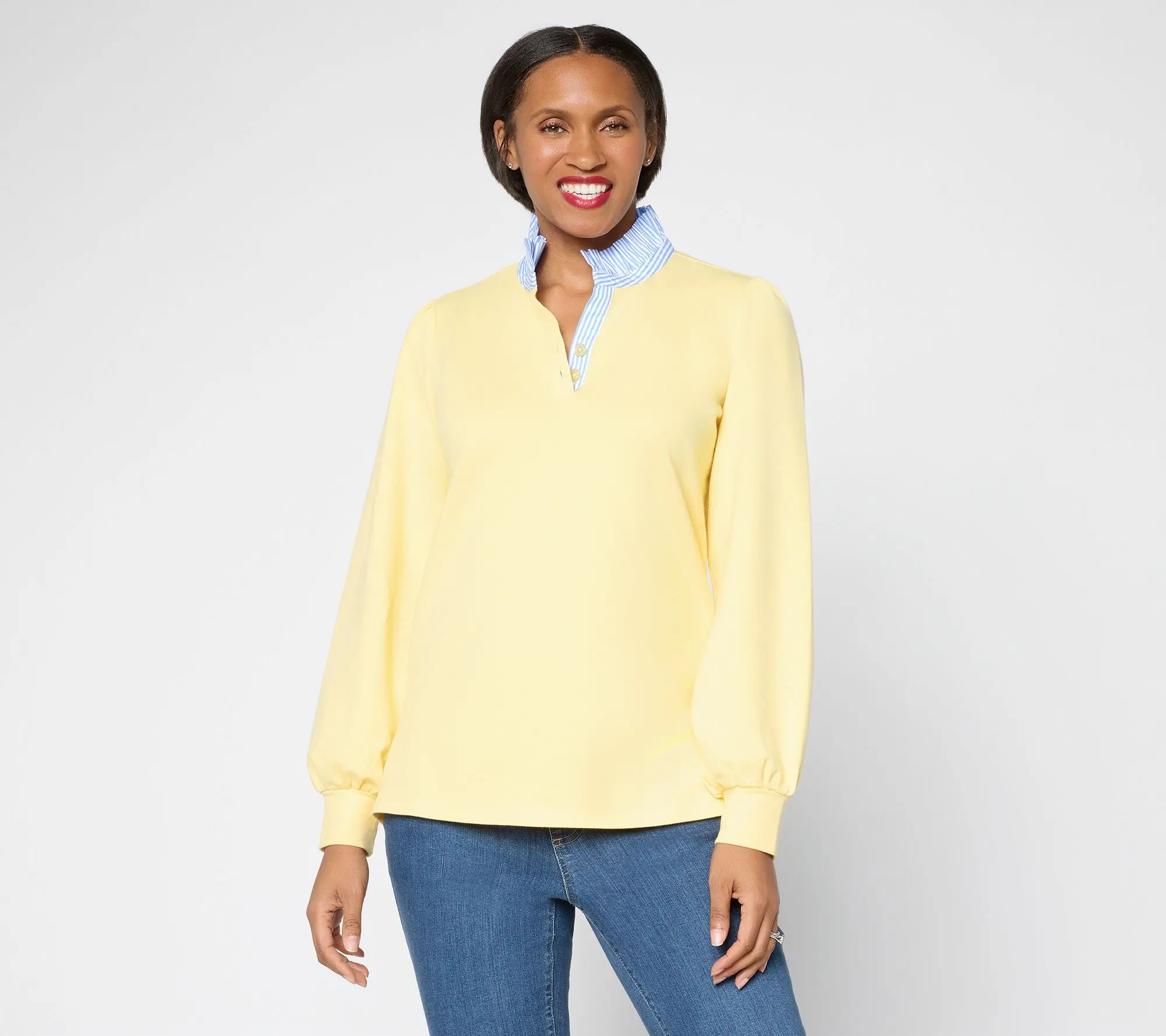 Belle by Kim Gravel French Terry Ruffle Regatta Striped Top