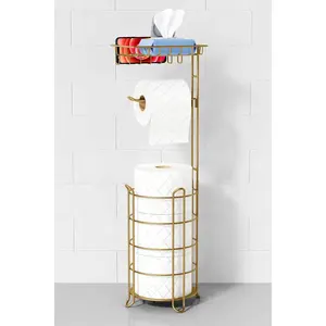 Free Standing Toilet Paper Holder Stand with Phone Shelf, Floor Bathroom Tissue Holder for Large Mega Rolls, Metal Freestanding Toilet Paper Roll Holder with Wipes Storage Tray
