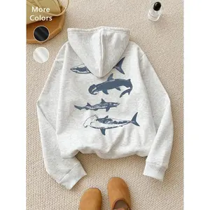 Women’s wool hooded sweatshirt, autumn–winter loose long-sleeve pullover, shark print casual everyday wear, neutral fashion top