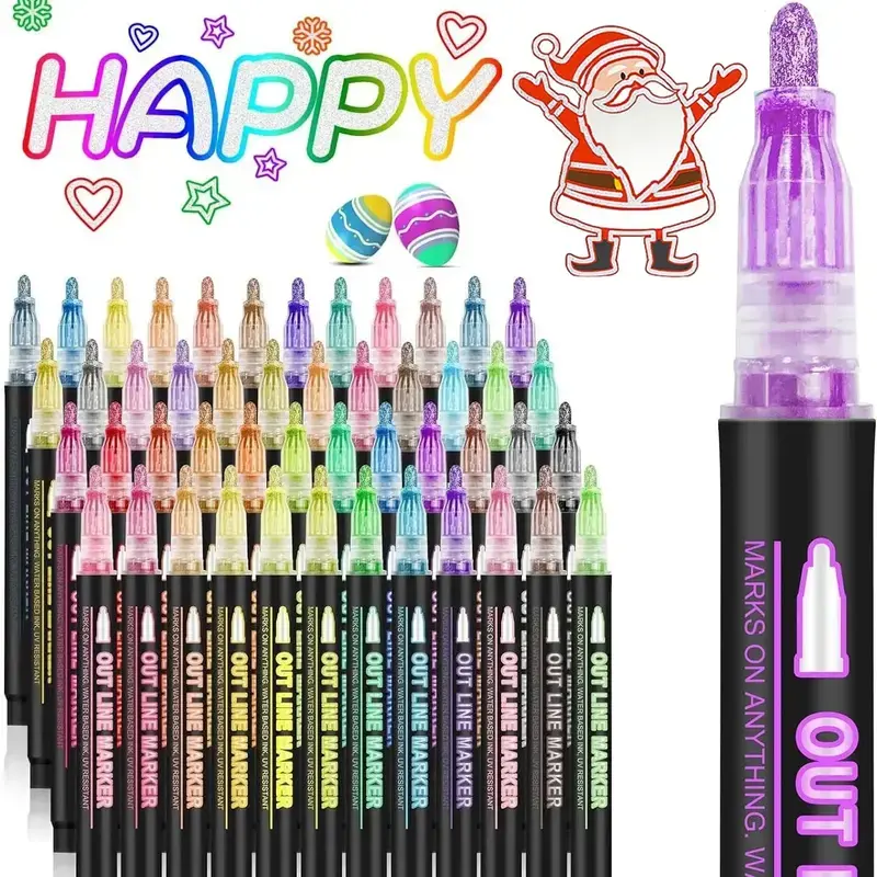 Double-Line Outline Art Marker Pen Set,  48 Colors DIY Graffiti Highlighter Pens Drawing Markers for Scrapbook, Poster and Card Coloring, Color Kit, Doodle Drawing Pen