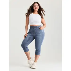 BLOOMCHIC Plus Size Pull-On Stretch Waist Slim Fit Capri Jeans [M–6X], 3534, Summer Vibes