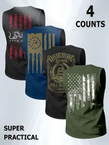 Men's Fashion Sleeveless Tank Top Set, American Flag Print, Sporty H-Type Sports Vests, Ideal for Fitness and Running, 4-Piece Set, Sport Clothing