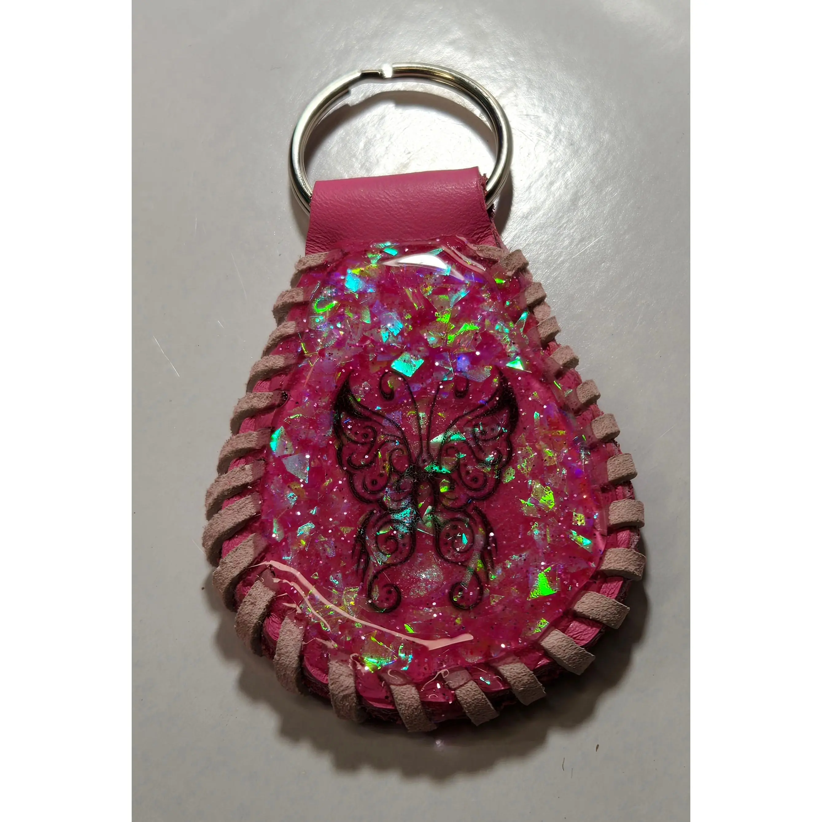 Pink Leather Butterfly Keychain