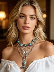 4-Piece Set Lockbone Chains Imitation Turquoise Women's Jewelry, Metal Boot and Cowboy Hat Pendants, Vintage Multi-Layer Design, Layered Look, Rural Style Fashion